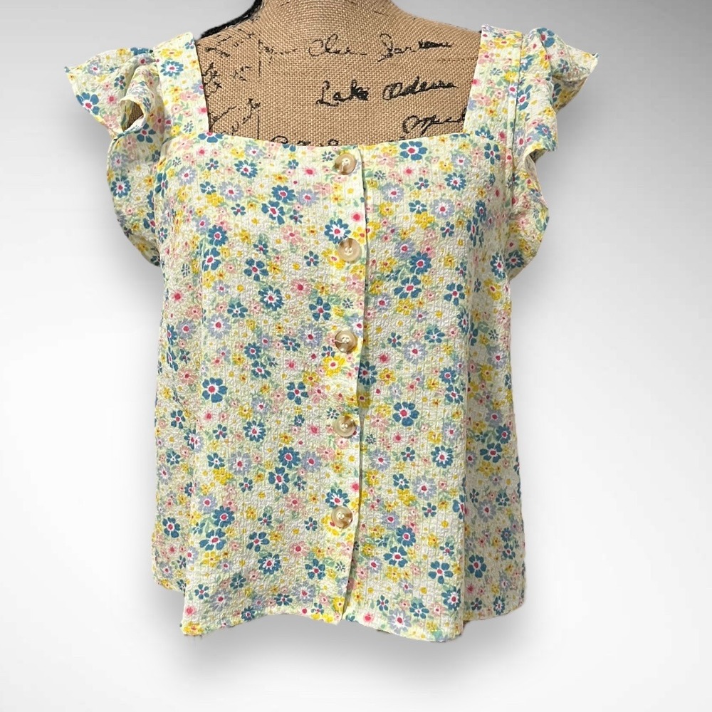 BLU PEPPER Multi Color Floral Cap Ruffle Sleeve Square Neck Top Medium | NWOT